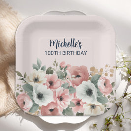  roze witte Floral 100e verjaardag Papieren Bordje