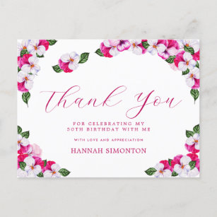  Roze Witte Floral 50ste verjaardag Dank u Briefkaart