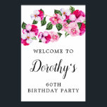 Roze witte Floral 60th Birthday Welkom Poster<br><div class="desc">Een prachtig roze waterverf met roze roze en witte wand aan de bovenzijde van het scherm. De naam van de verjaardagsberoemde wordt geschreven in een zeer  en vrouwelijk manuscript. Twee lijnen boven en onder laten u uw welkome bericht aanpassen.</div>