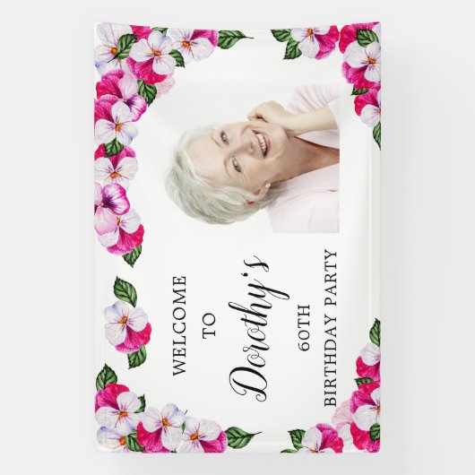 Roze witte Floral 60th Birthday Welkom Spandoek (Verticaal)