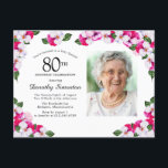 Roze witte Floral 80th Birthday Uitnodiging Briefkaart<br><div class="desc">Mooie roze en witte paniekjes worden in donkergroene bladeren genaaid. De viering van de 80ste verjaardag en de naam van de persoon staan in een grote tekst. Er is meer ruimte op de rug van het briefkaart om een speciale boodschap aan uw gasten te creëer. Alle tekst kan worden bewerkt....</div>