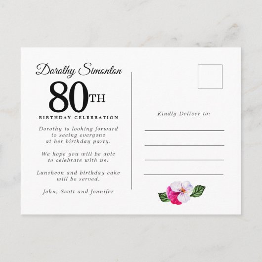 Roze witte Floral 80th Birthday Uitnodiging Briefkaart (Achterkant)