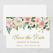 Roze witte Floral Gold sparen de Datum Kaart (Voorkant / Achterkant)