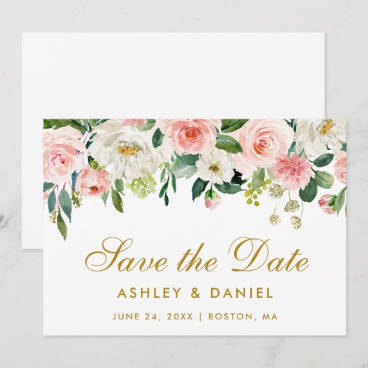 Roze witte Floral Gold sparen de Datum Kaart (Voorkant / Achterkant)