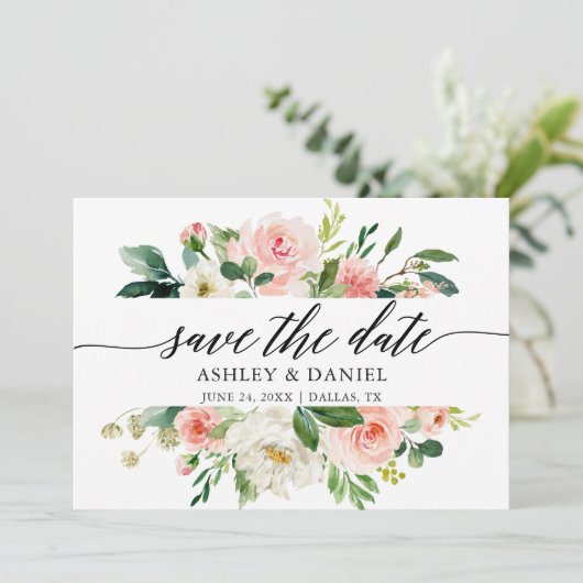 Roze witte Floral kalligrafie sparen de Datum Kaar Save The Date (Staand voorkant)