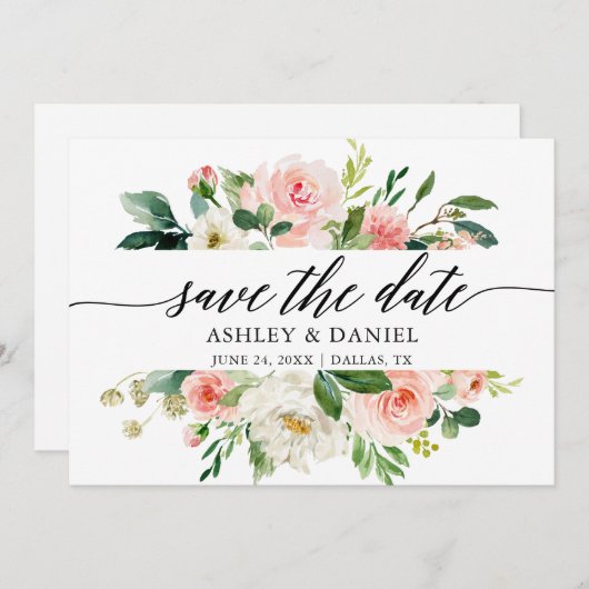 Roze witte Floral kalligrafie sparen de Datum Kaar Save The Date (Voorkant / Achterkant)