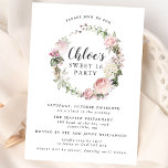 Roze witte Floral met grote sweet Kaart<br><div class="desc">Zeer florale kreet omringt de woorden Sweet 16 en de naam van uw dochter. Zij worden geschreven in een manuscript. Alle tekst kan worden bewerkt en u kunt de kleur wijzigen. De rest van de tekst is in een moderne combinatie van rechte en cursieve serif doopvonten. Heel elegant. De achterkant...</div>