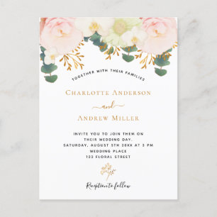 Roze witte florale goudbruinbruiloft briefkaart
