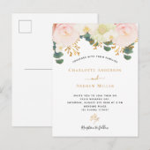 Roze witte florale goudbruinbruiloft briefkaart (Voorkant / Achterkant)