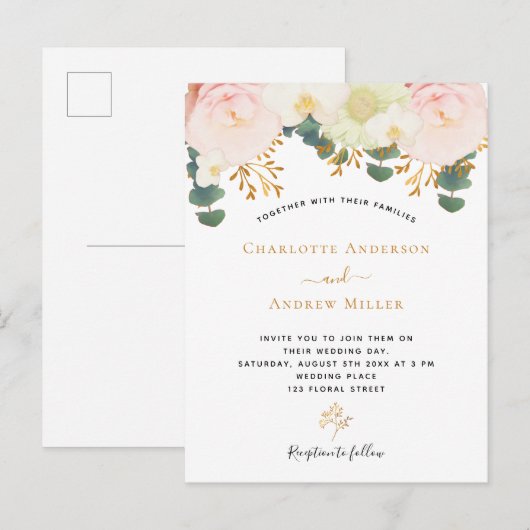 Roze witte florale goudbruinbruiloft briefkaart (Voorkant / Achterkant)