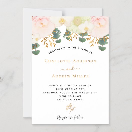 Roze witte florale goudbruinbruiloft magnetische uitnodiging (Voorkant)