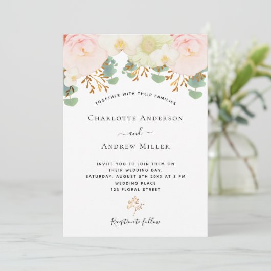 Roze witte florale goudbruine waterverf bruiloft kaart (Staand voorkant)