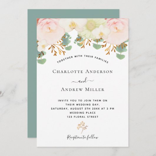 Roze witte florale goudbruine waterverf bruiloft kaart (Voorkant / Achterkant)