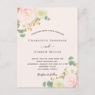 Roze witte floralen roos goudbruiloft briefkaart