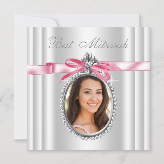 Roze Witte Foto Bat Mitzvah Kaart (Voorkant)