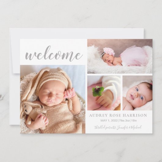 Roze witte foto Collage Baby Girl Welkom geboorte Aankondiging (Voorkant)
