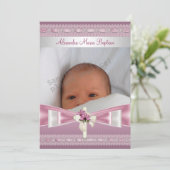 Roze witte foto Cross Baptisme Christening Kaart (Staand voorkant)