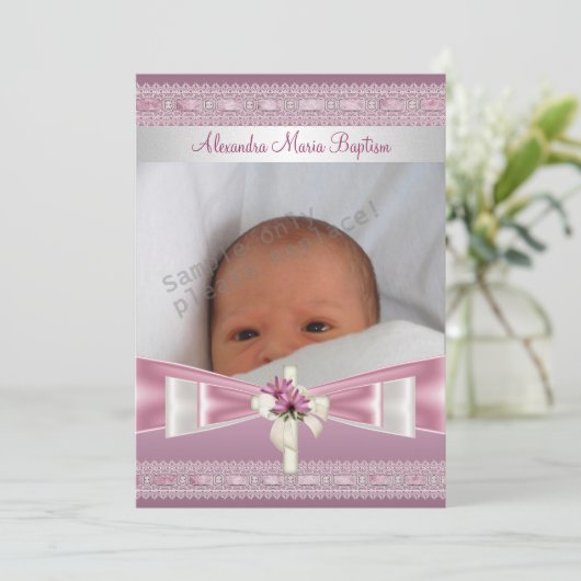 Roze witte foto Cross Baptisme Christening Kaart (Staand voorkant)