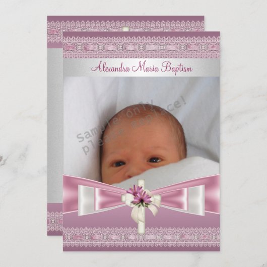 Roze witte foto Cross Baptisme Christening Kaart (Voorkant / Achterkant)