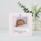 Roze witte foto Lijst Jewel Cross Baptisme Kaart (Staand voorkant)