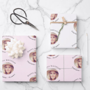 Roze Witte Foto Meisje Verjaardag Inpakpapier Vel