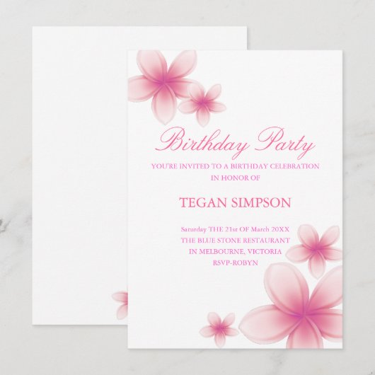 Roze & Witte Frangipani Verjaardag Uitnodigen Kaart (Voorkant / Achterkant)