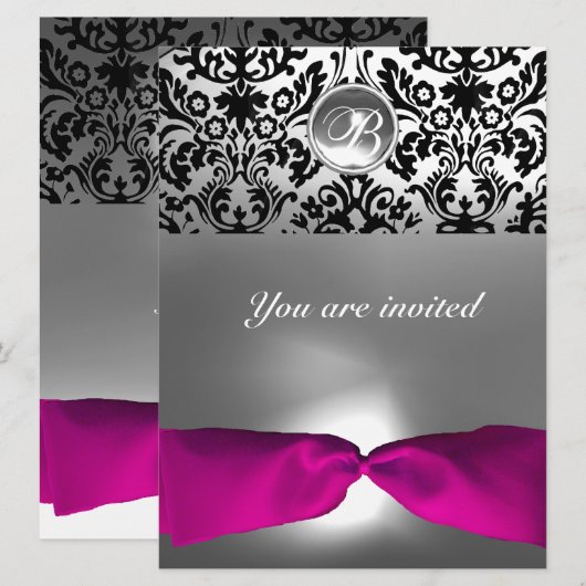 ROZE WITTE FUCHSIA DAMAST EDELE STEEN MONOGRAM KAART (Voorkant / Achterkant)