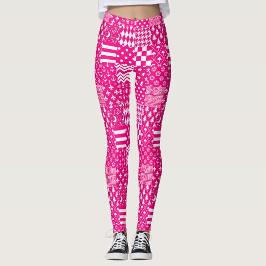 Roze Witte Gemengde Patchwork Ontwerp Leggings (Voorkant)