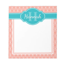 Roze Witte Geometrische Diamant Patroon Teal Monog Notitieblok