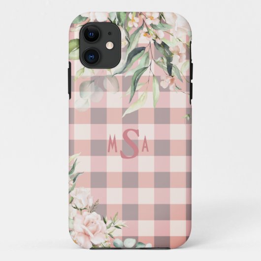 Roze & Witte Geruite Gingham Bloemen Monogram Case-Mate iPhone Case (Achterkant)