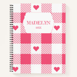 roze & witte geruite hartpatroon monogram naam notitieboek