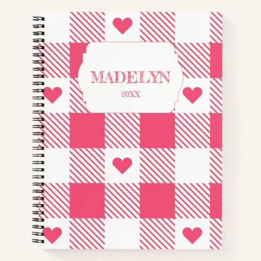 roze & witte geruite hartpatroon monogram naam notitieboek (Voorkant)