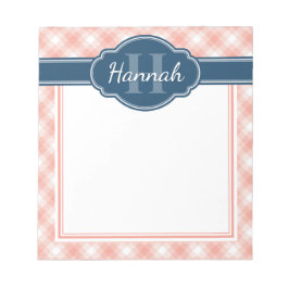 Roze Witte Geruite Patroon Blauwe Monogram Notitieblok
