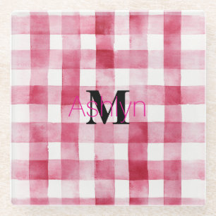 Roze Witte Geruite Strepen Monogram Girlachtig Glazen Onderzetter