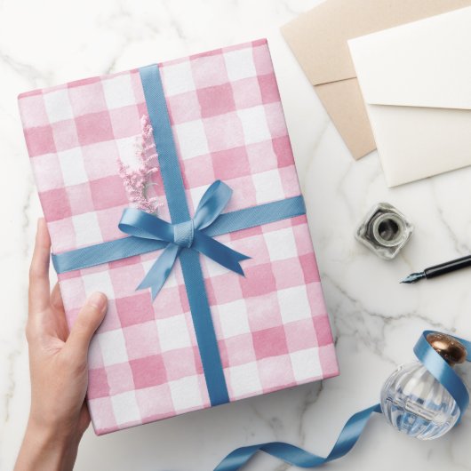 Roze Witte Geruite Strepen Verjaardag Cadeaupapier (Geschenken)
