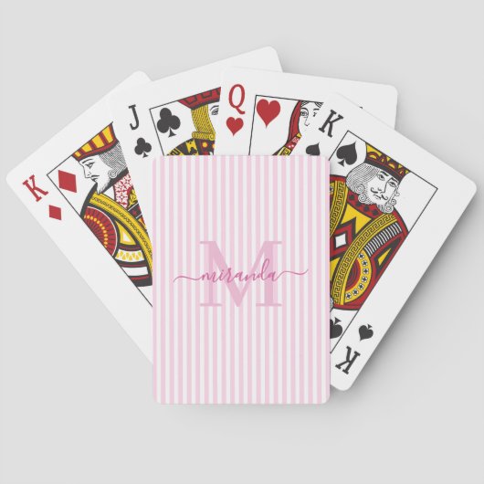 Roze & Witte Gestreepte Monogramnaam Pokerkaarten (Achterkant)