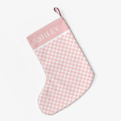 Roze witte Gingham Aangepaste Naam Kleine Kerstsok (Achterkant (Hangend))