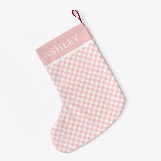 Roze witte Gingham Aangepaste Naam Kleine Kerstsok (Achterkant (Hangend))