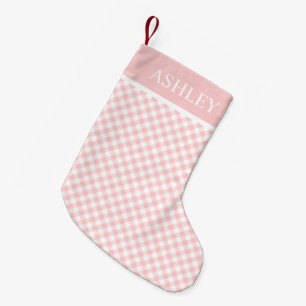 Roze witte Gingham Aangepaste Naam Kleine Kerstsok