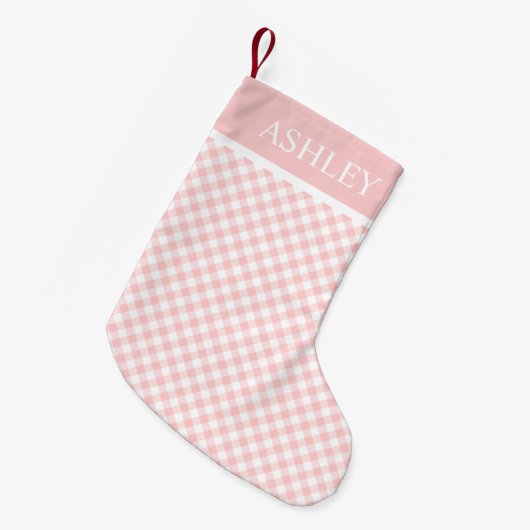 Roze witte Gingham Aangepaste Naam Kleine Kerstsok (Voorkant (Hangend))