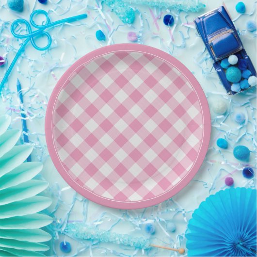 Roze/Witte Gingham Controleert Patroon Eenvoudige Papieren Bordje (Feest)