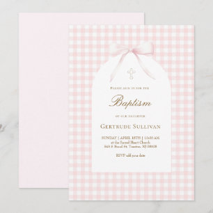 roze witte gingham doop meisje kaart