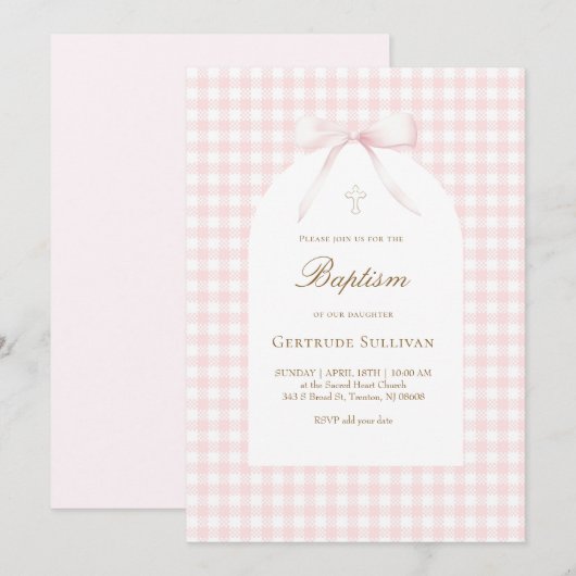 roze witte gingham doop meisje kaart (Voorkant / Achterkant)