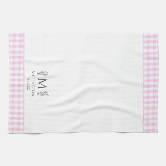 Roze & Witte Gingham gepersonaliseerd monogram Aan Theedoek (Horizontaal)