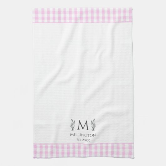 Roze & Witte Gingham gepersonaliseerd monogram Aan Theedoek (Verticaal)