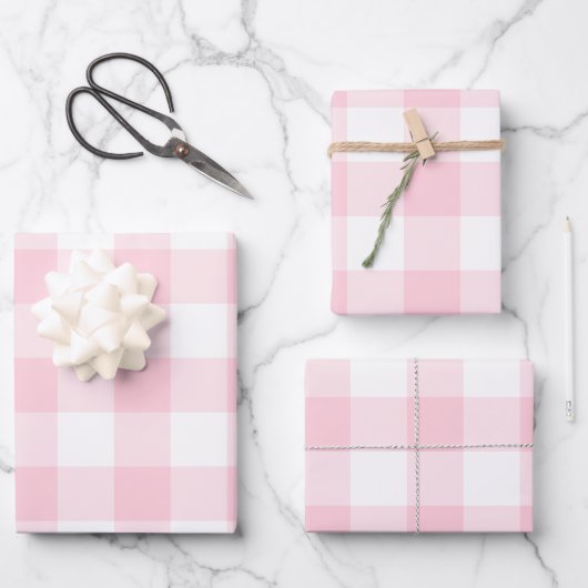 Roze Witte Gingham Geruit Inpakpapier Vel (Voorkant)