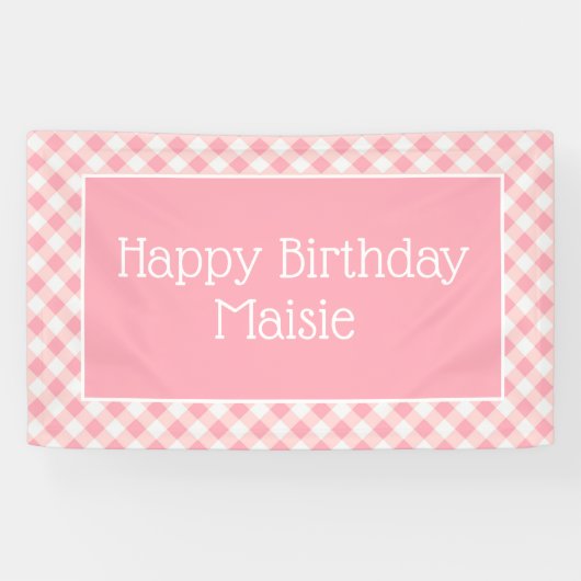 Roze Witte Gingham Little Girl's Happy Birthday Spandoek (Horizontaal)