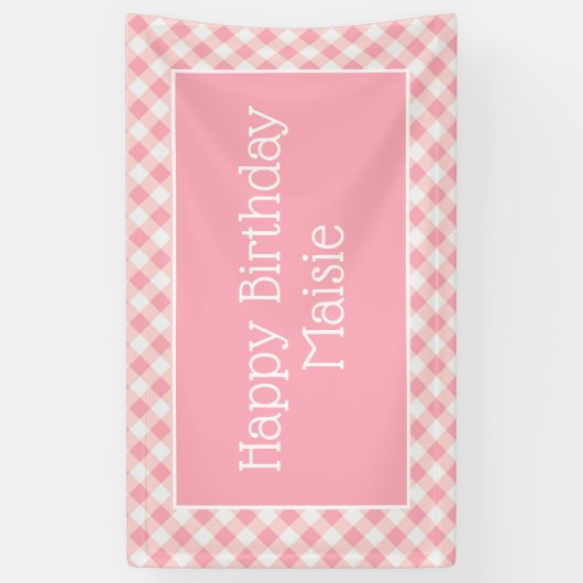 Roze Witte Gingham Little Girl's Happy Birthday Spandoek (Verticaal)