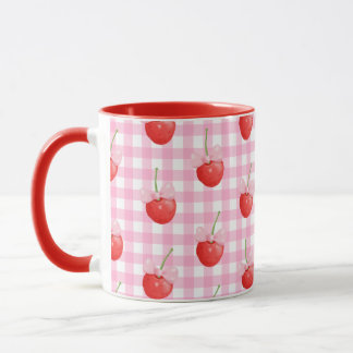 Roze Witte Gingham Mok Schattigee Aardbei Print