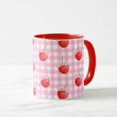 Roze Witte Gingham Mok Schattigee Aardbei Print (Voorkant rechts)